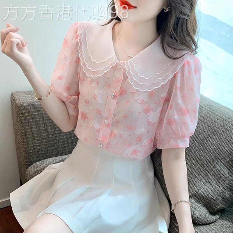 雪纺衬衫女2025新款夏季设计感小众时尚洋气娃娃领碎花短袖上衣女