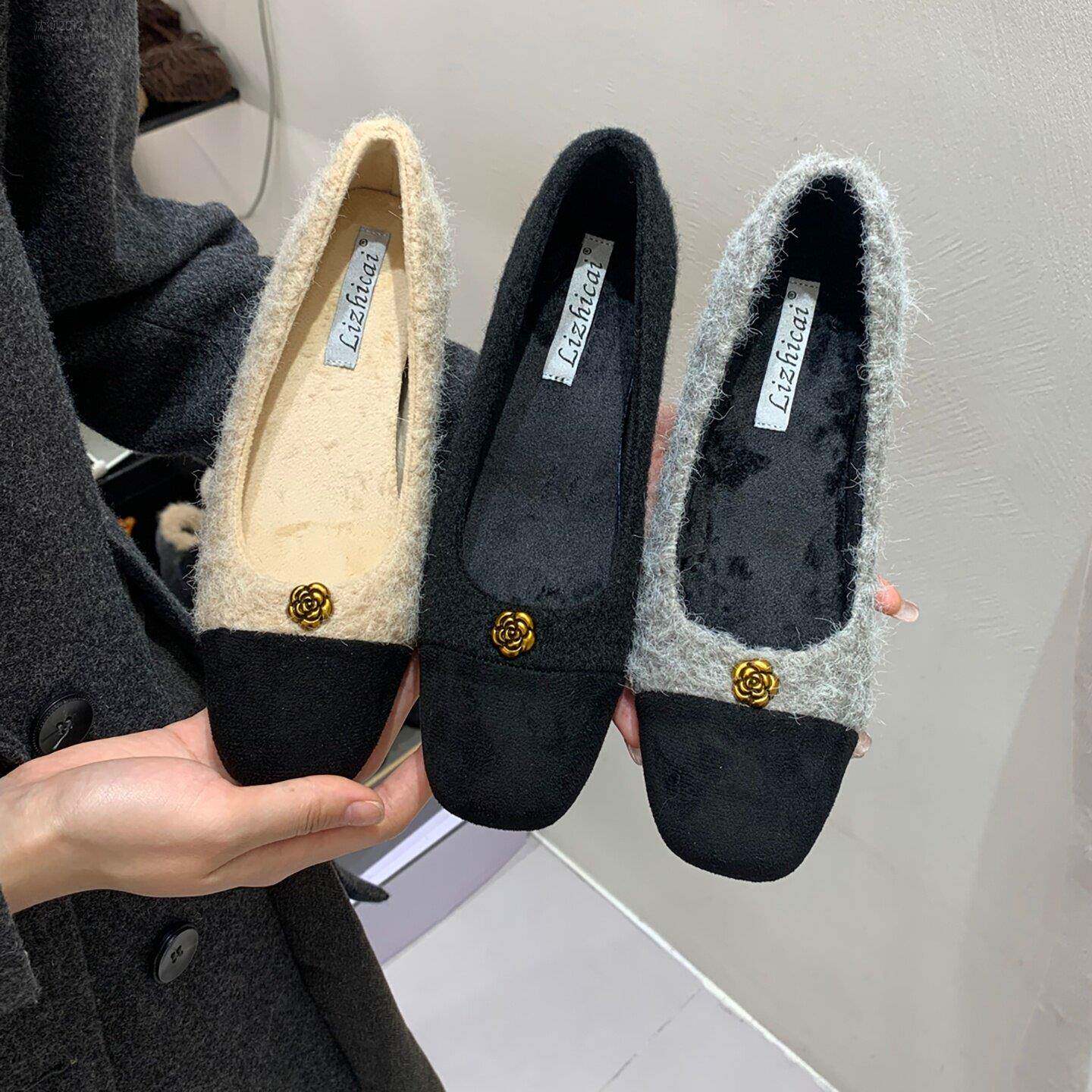 香港小香风高跟加绒毛毛鞋女2025冬新款一脚蹬配裙子粗跟玛丽珍鞋