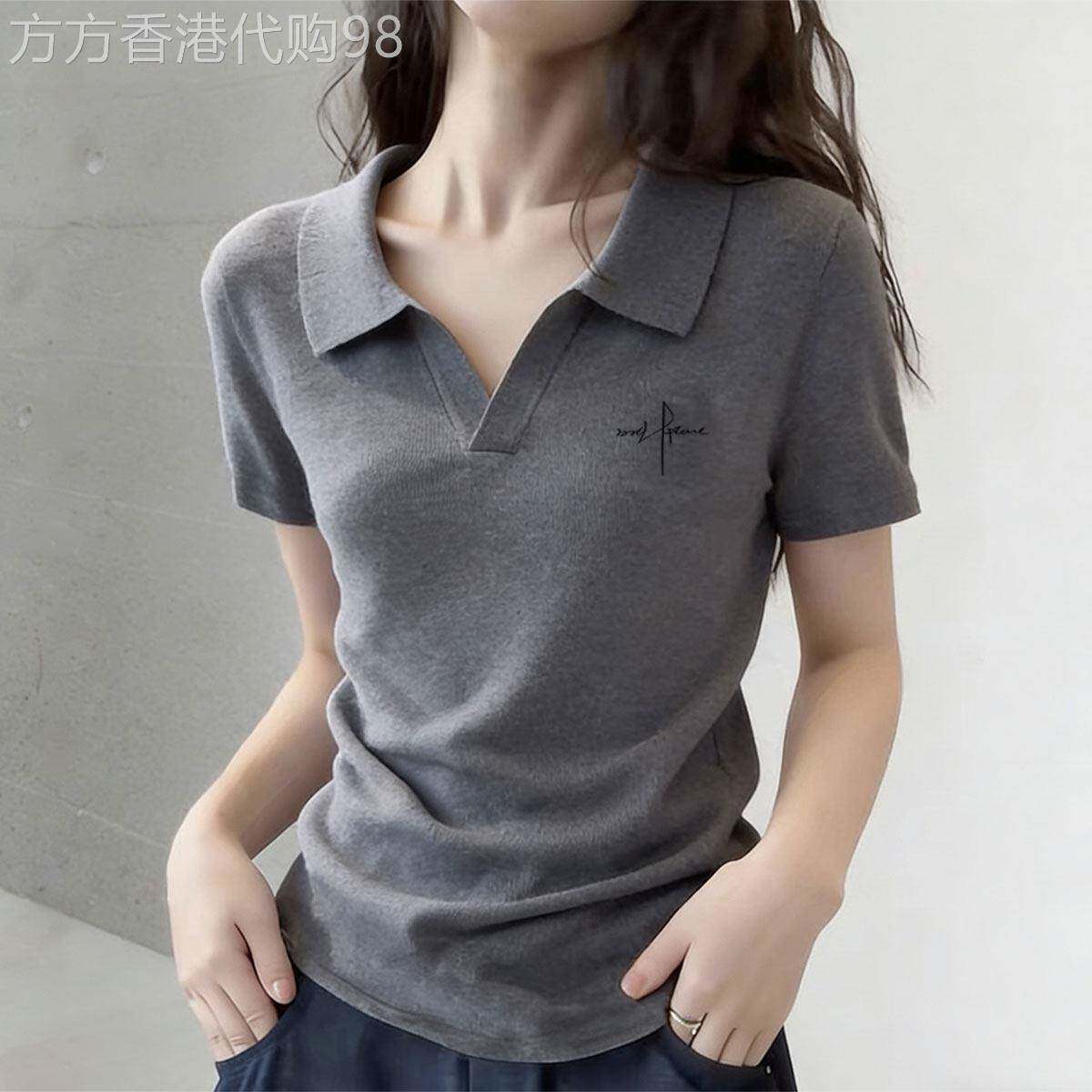 夏季灰色正肩翻领无扣POLO衫短袖T恤女修身休闲内搭衣设计感小众