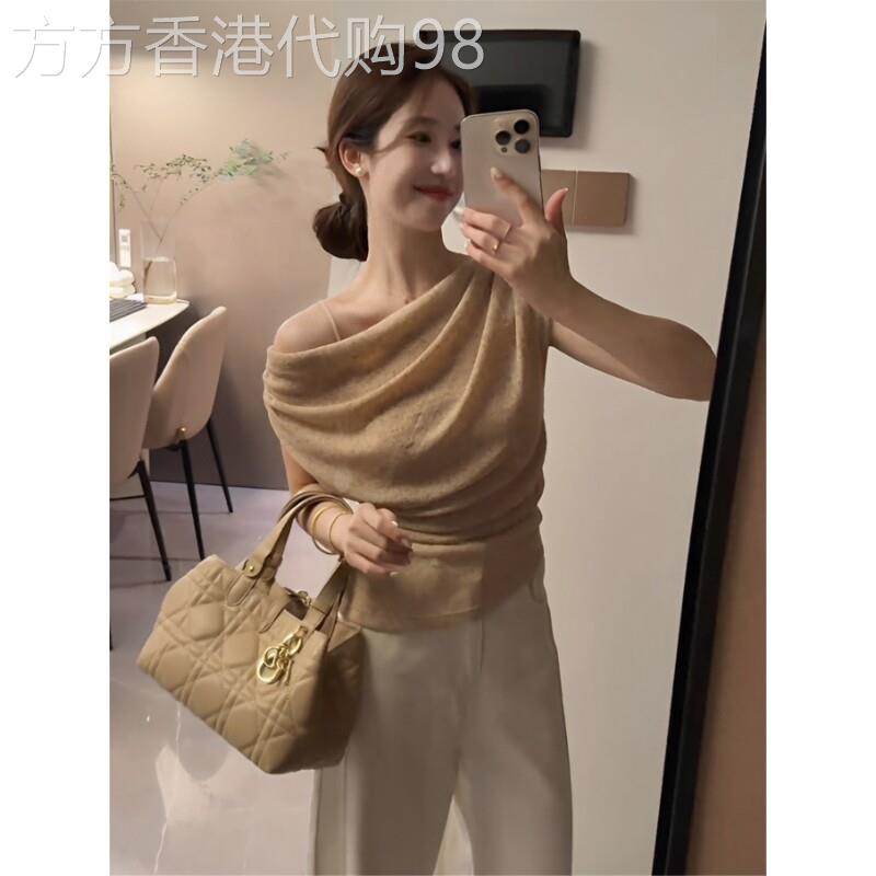 冰丝斜肩T恤女士夏新款法式慵懒高级感垂折领气质小衫薄款露肩上