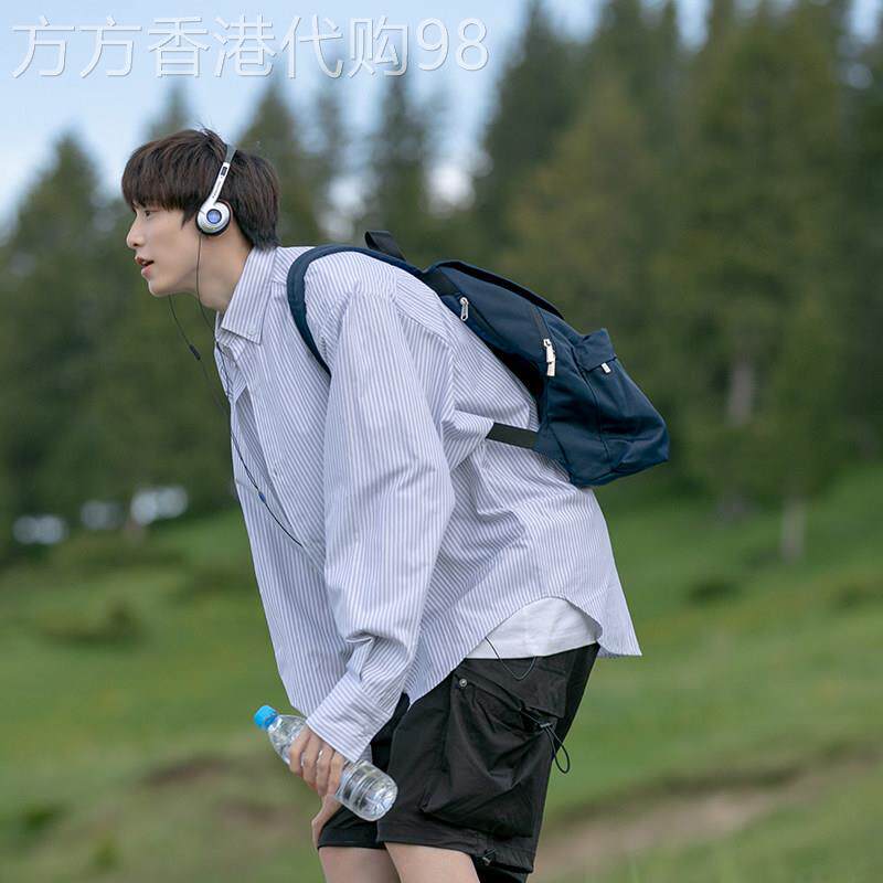 长袖衬衫男士春秋季韩版复古条纹帅气衬衫潮流宽松休闲尖领上衣服