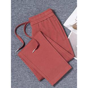 纯棉直筒卫裤男女秋冬款砖红色休闲裤长裤全棉宽松女裤加绒运动裤
