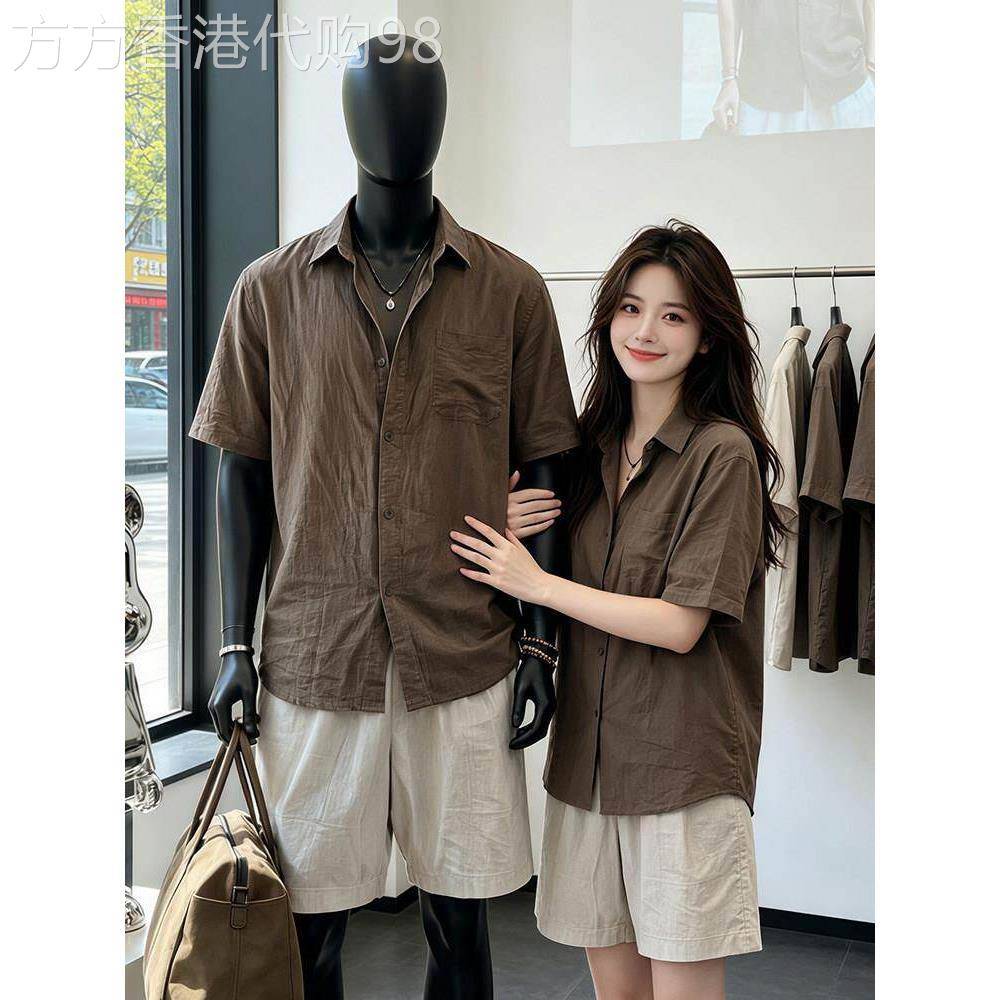 潮牌老钱风亚麻咖啡色短袖衬衫男夏高级感美式轻薄款情侣防晒衬衣