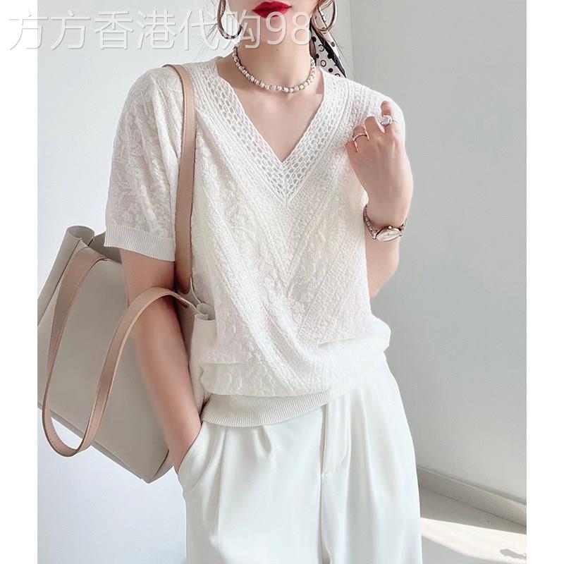 休闲针织短袖T恤女夏季新款时尚V领百搭洋气女士薄款冰丝小衫上衣