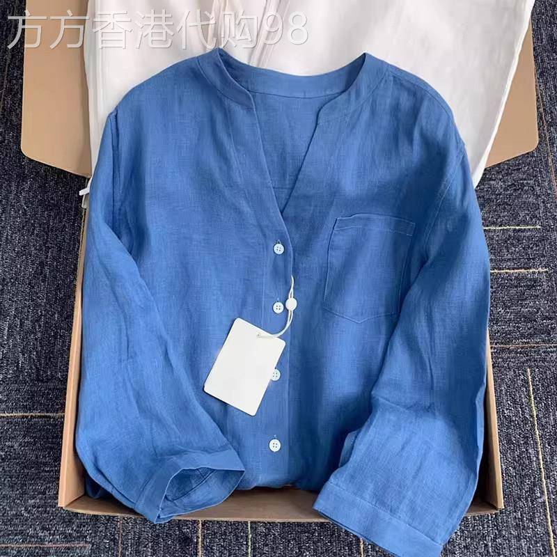 深蓝色天丝亚麻七分袖衬衫女夏季欧货通勤宽松V领防晒极简风上衣