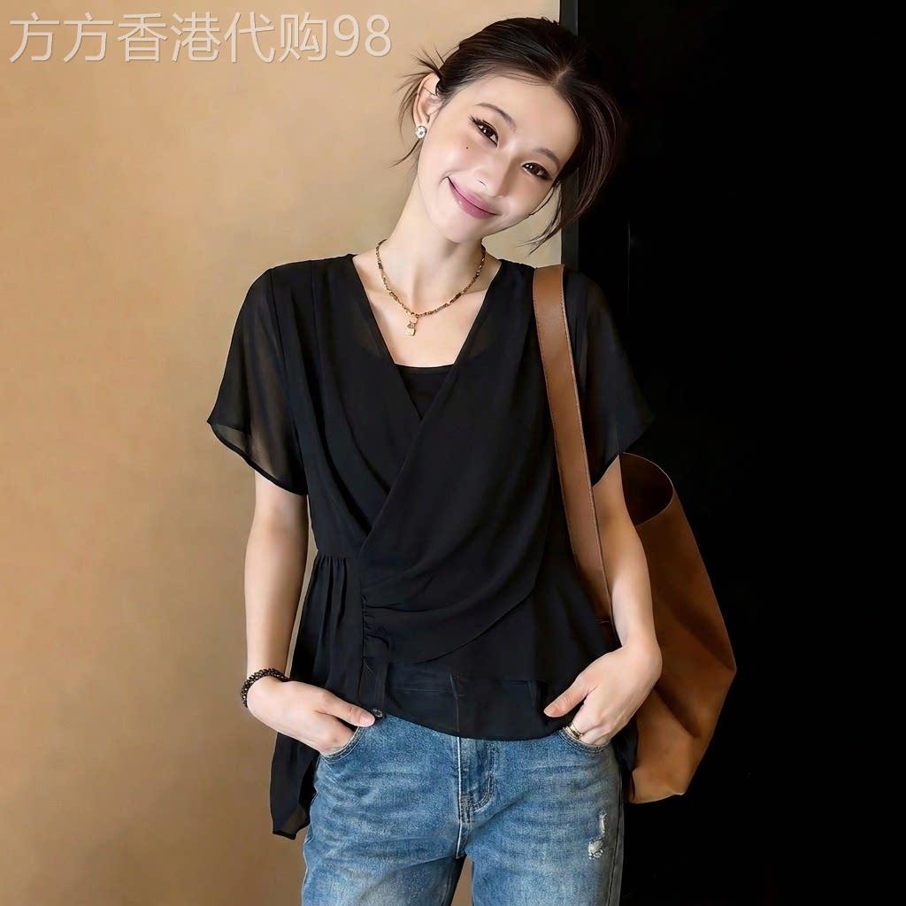高级感黑色V领正肩短袖雪纺衫女夏新款薄气质大尺码mm绑带收腰上