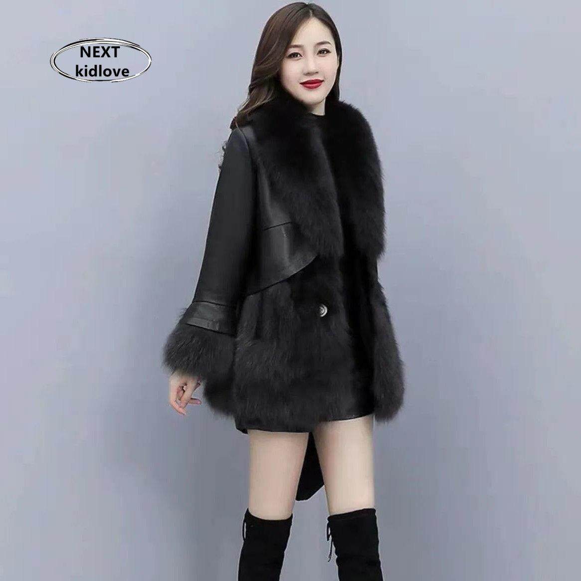 香港欧货中长款拼接皮草外套女高级感时尚显瘦棉衣棉服黑色大衣冬