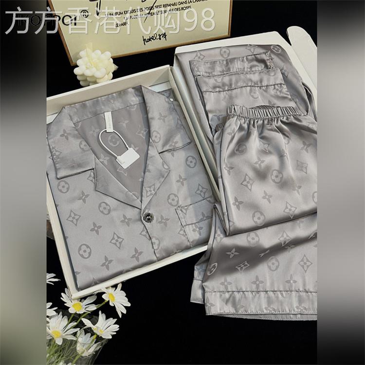 轻奢冰丝凉感家居服套装男夏季短袖高级感小香风银灰色睡衣三件套