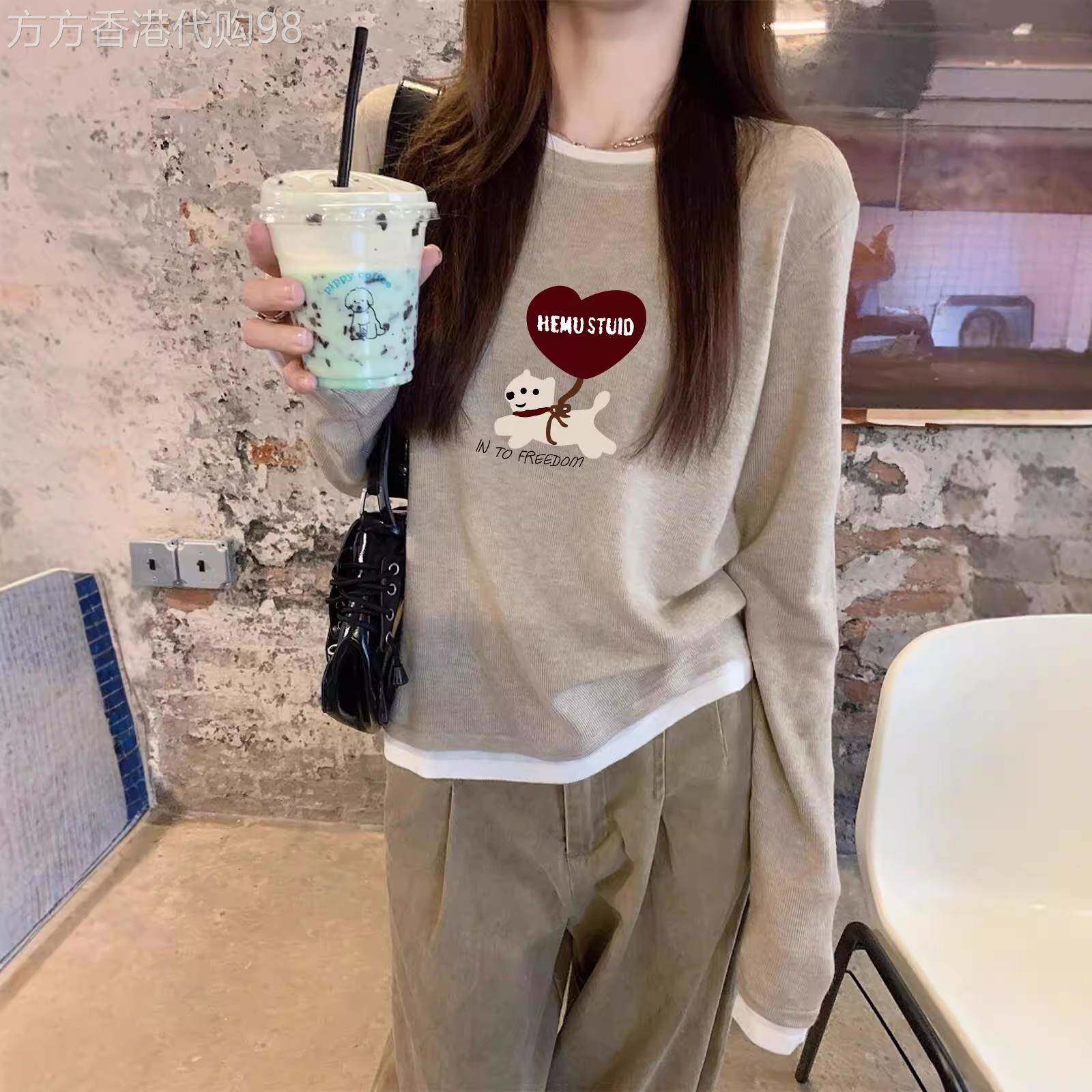 假两件长袖T恤早秋女装2026新款设计感宽松慵懒风圆领印花上衣潮