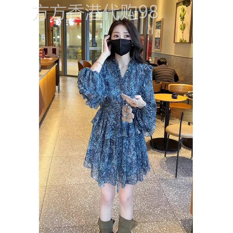茶歇法式蓝色碎花连衣裙子女春夏季欧货气质高级感海边度假短裙子