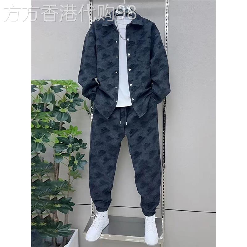 潮牌宽松提花翻领夹克束口裤套装男士秋季潮流外套长裤男装两件套