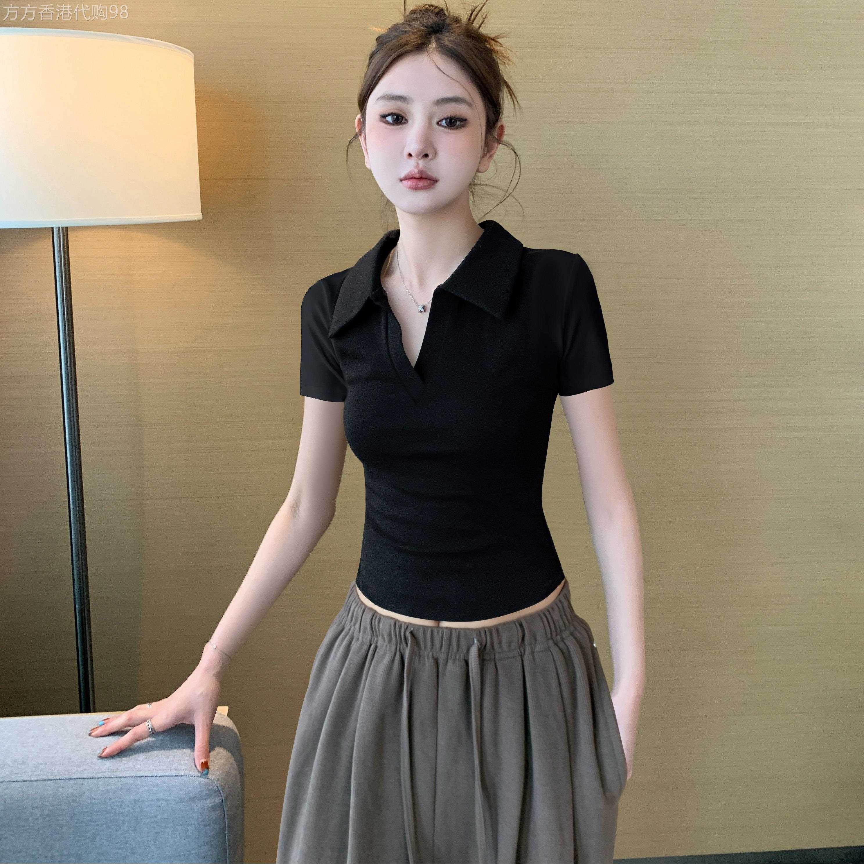 韩国黑色Polo领短袖t恤女2026新款夏季修身正肩百搭显瘦短款翻领.