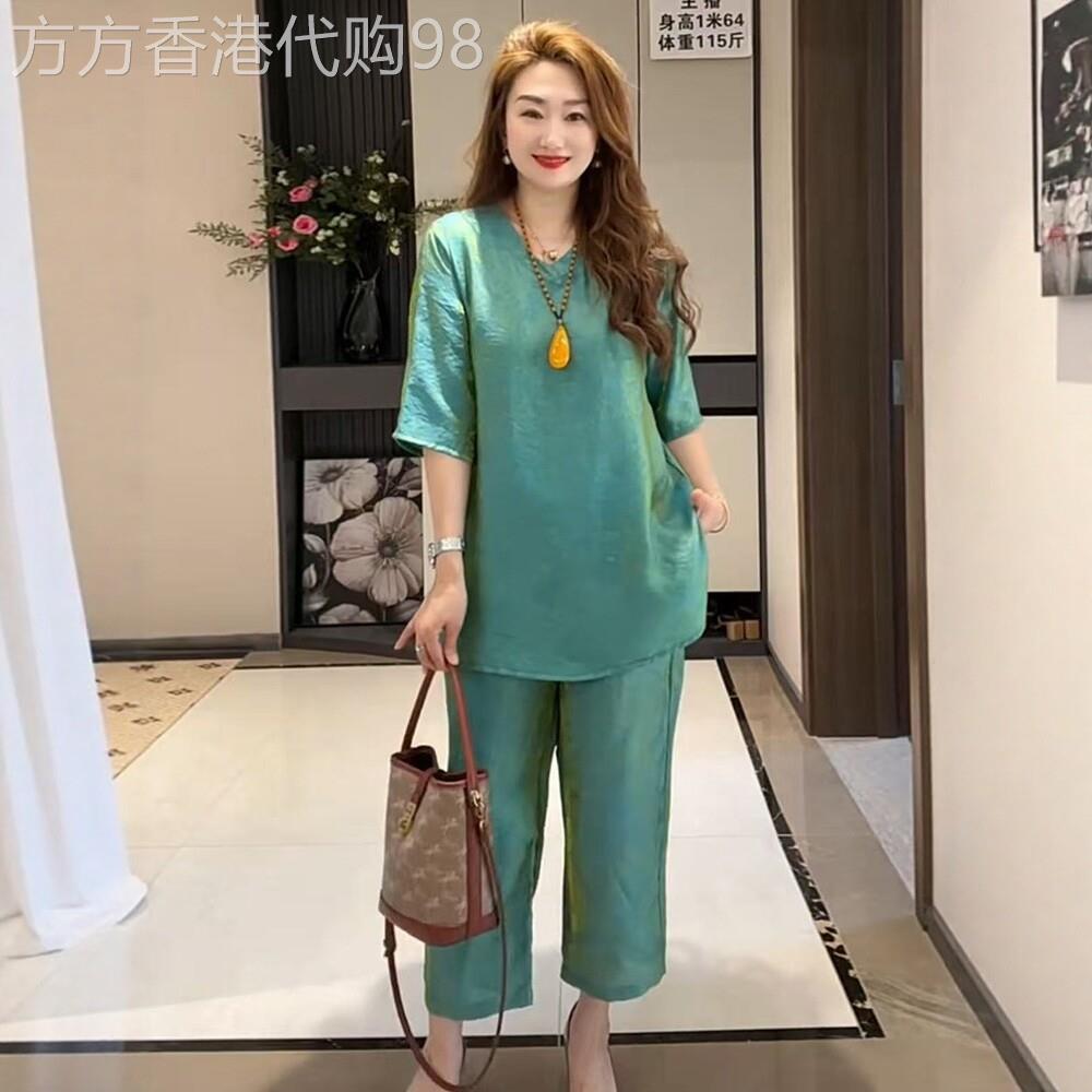 新中式珠光缎面套装女夏季新款圆领中长版上衣裤子洋派妈妈两件套