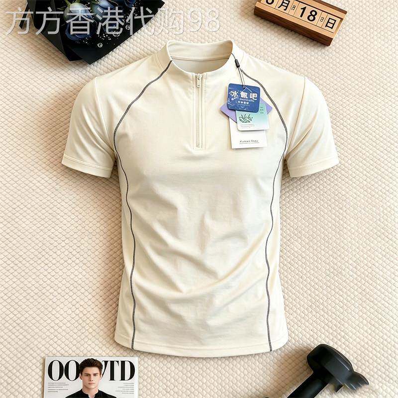 高端美式立领半拉炼骑行短袖男夏季速干凉感T恤弹力修身羽毛球服