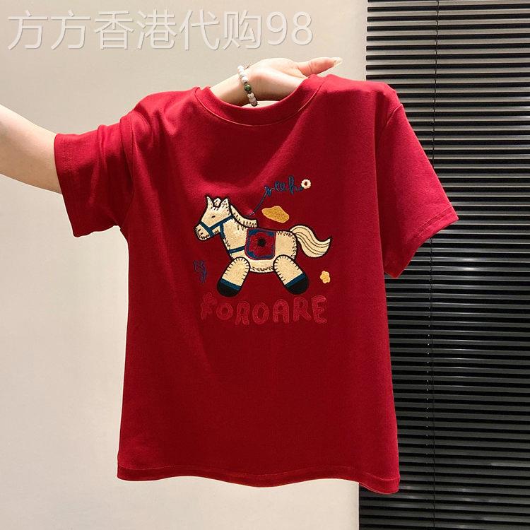 专柜韩系设计感小马刺绣红色圆领短袖T恤女夏季新款宽松纯棉上衣