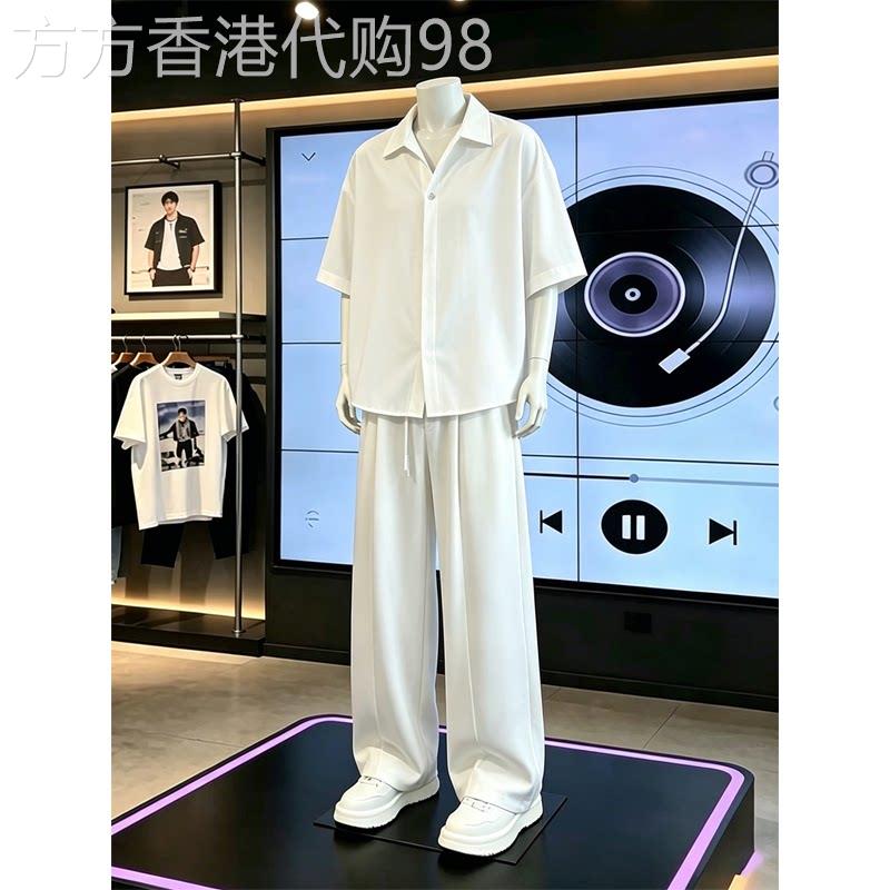 轻奢高端冰丝短袖衬衫男款夏季穿搭一整套装老钱风轻薄情侣装睡衣