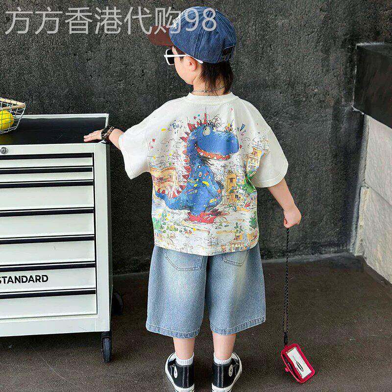 法国男童卡通套装夏季牛仔裤短袖两件套2026新款宝宝儿童恐龙衣服