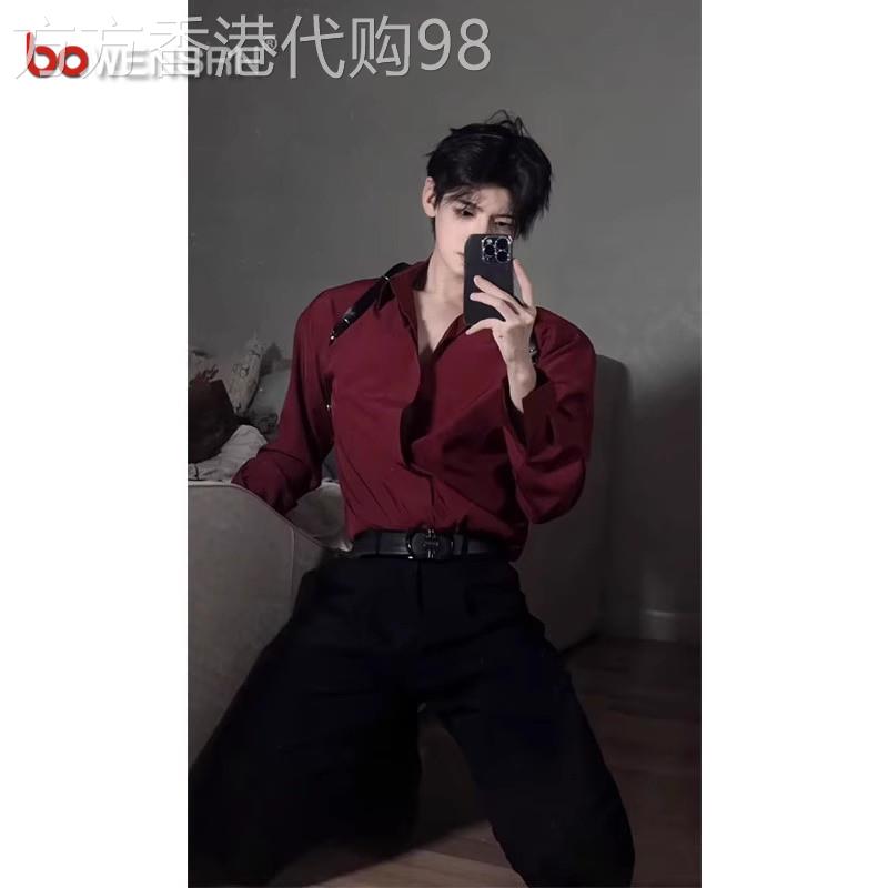 禁欲系酒红色衬衫男士长袖2026新款夏季薄款潮牌痞帅制服衬衫男款