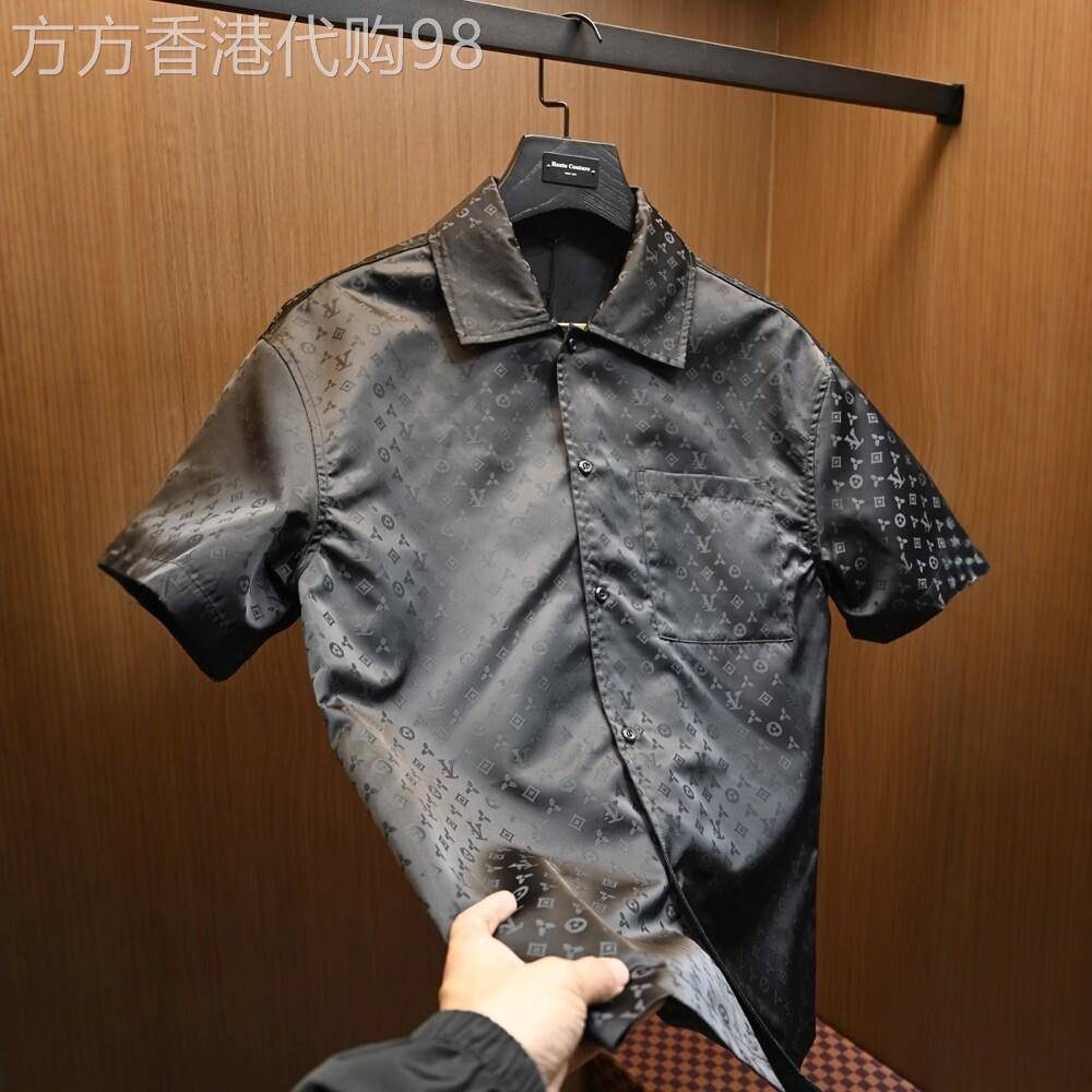 欧洲站潮牌暗纹全身满印花短袖衬衫男士夏季轻奢时尚微阔寸衣外套