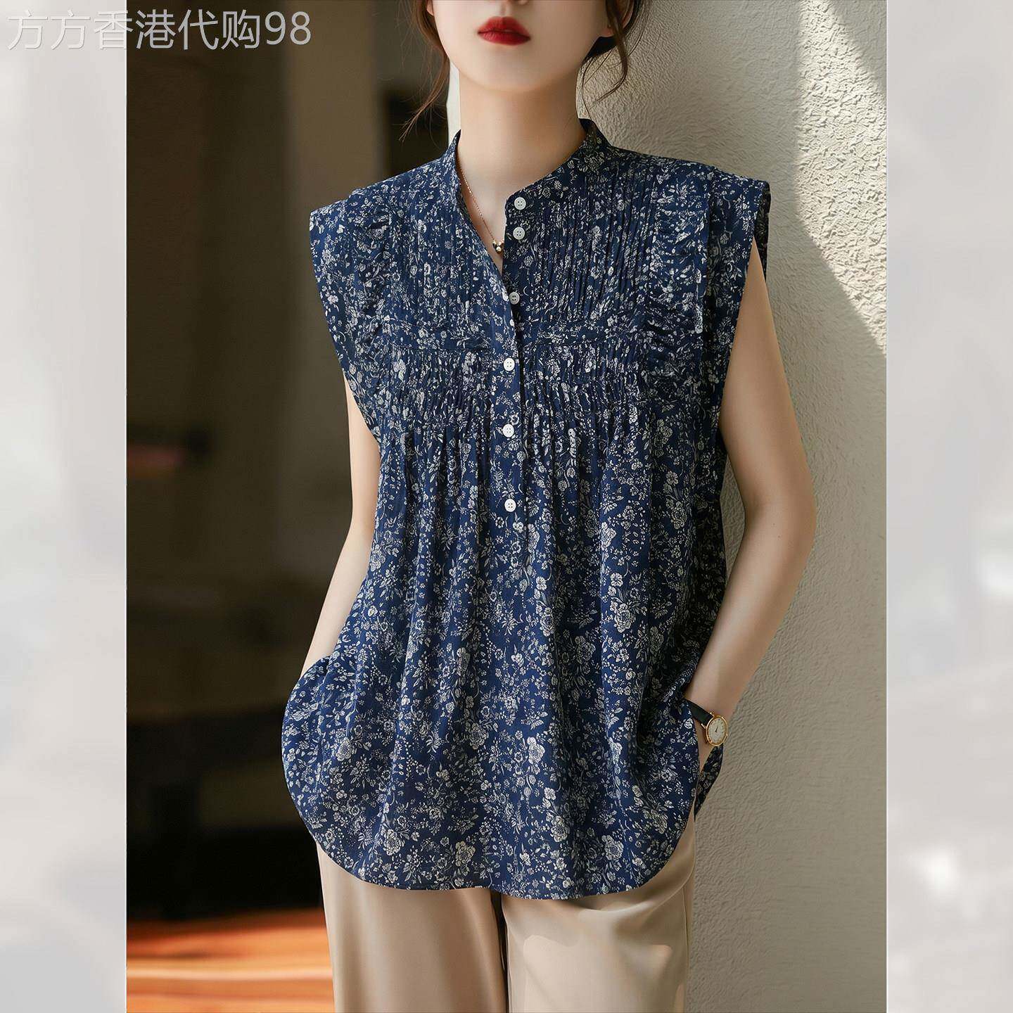 高端百搭无袖碎花复古衬衫减龄女夏季2026年新款上衣绝美小衫漂亮