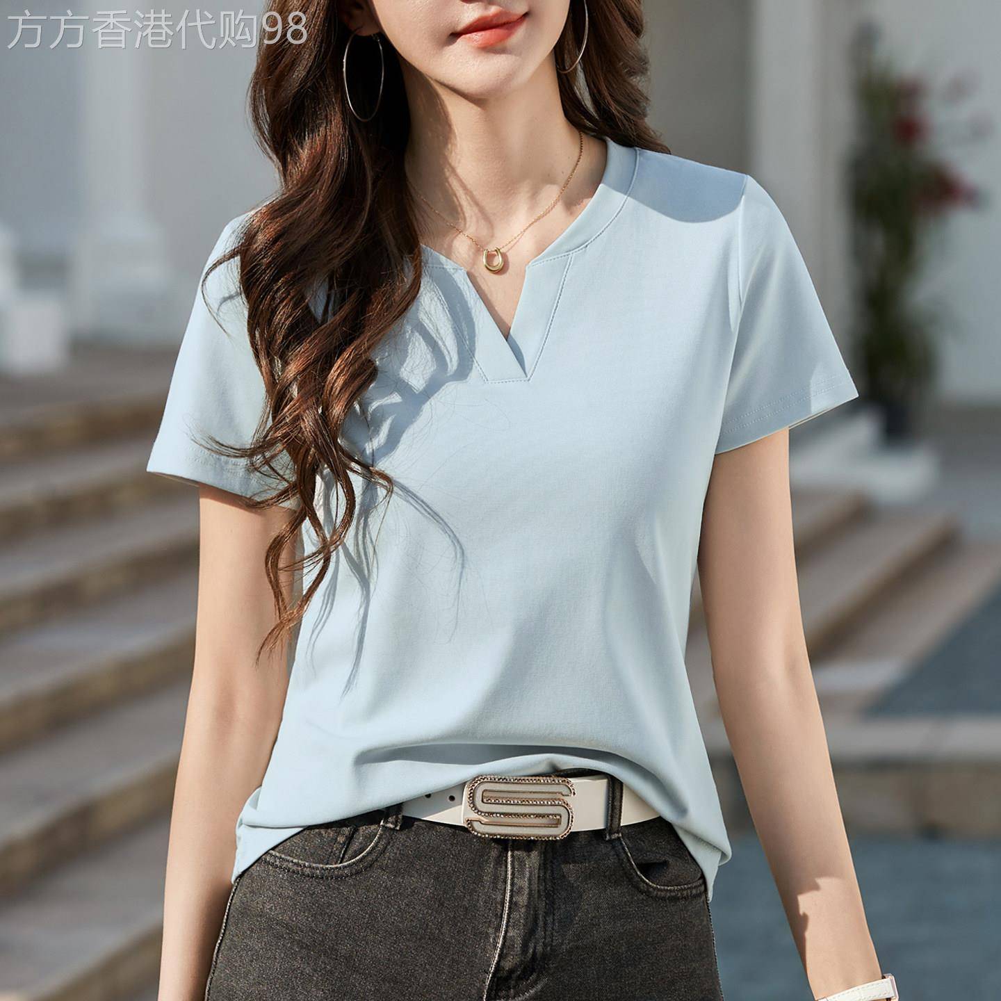 蓝色V领正肩短袖T恤女2026新款夏季爆款女装宽松显瘦T恤衫上衣服