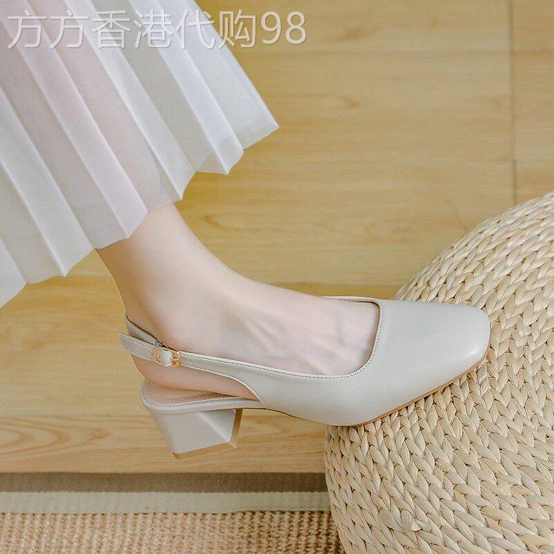 真皮包头凉鞋女中跟外穿2025年夏季新款真皮粗跟半拖单鞋高跟鞋子