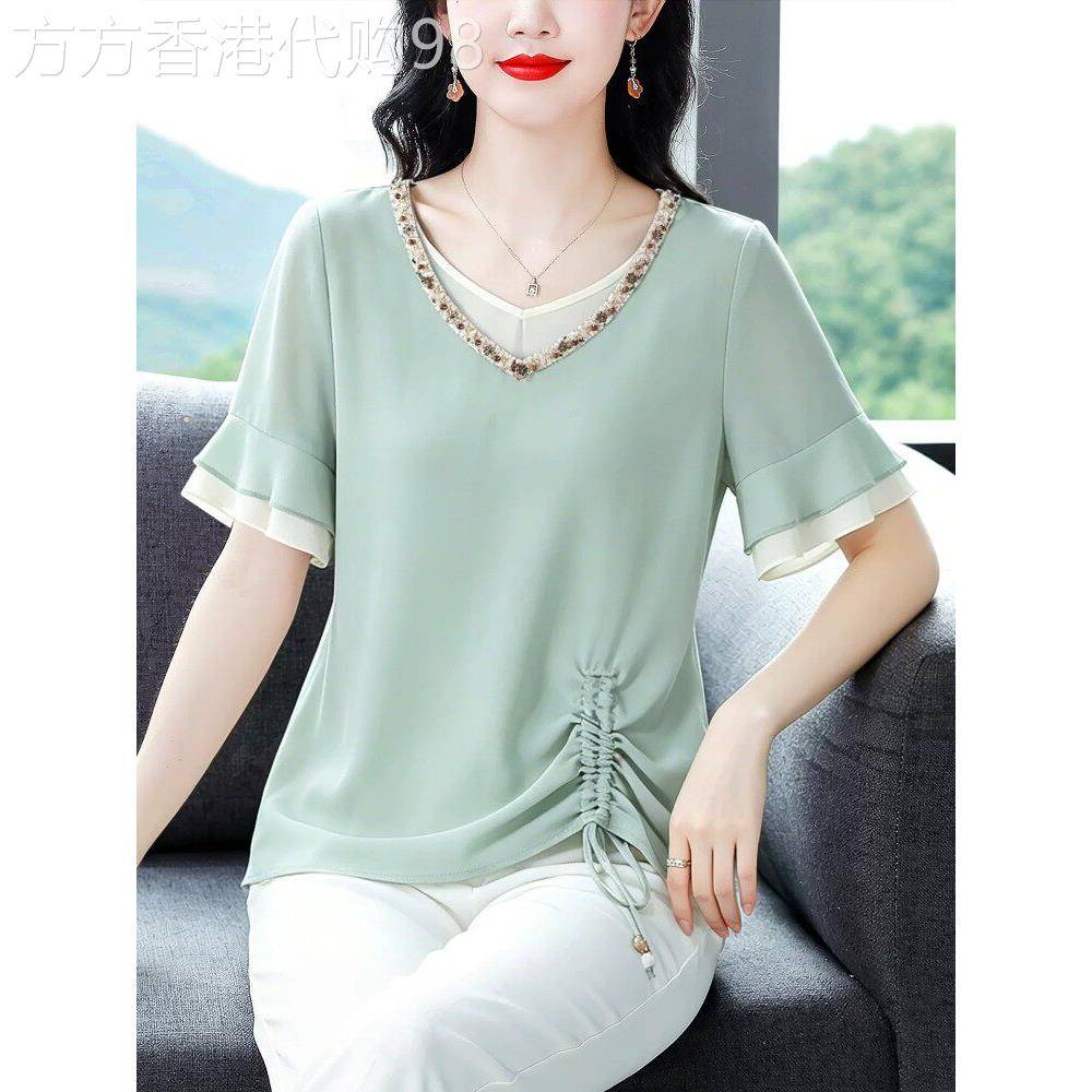 时尚撞色V领假两件短袖雪纺衬衫女夏季薄款凉感舒适妈妈休闲上衣