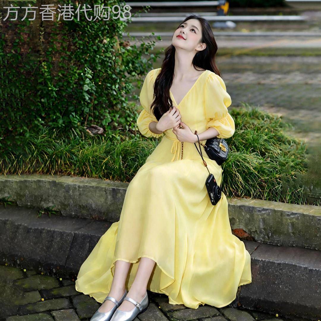 法式气质黄色洋装女2026夏季新款小个子高级感独特超好看长裙子