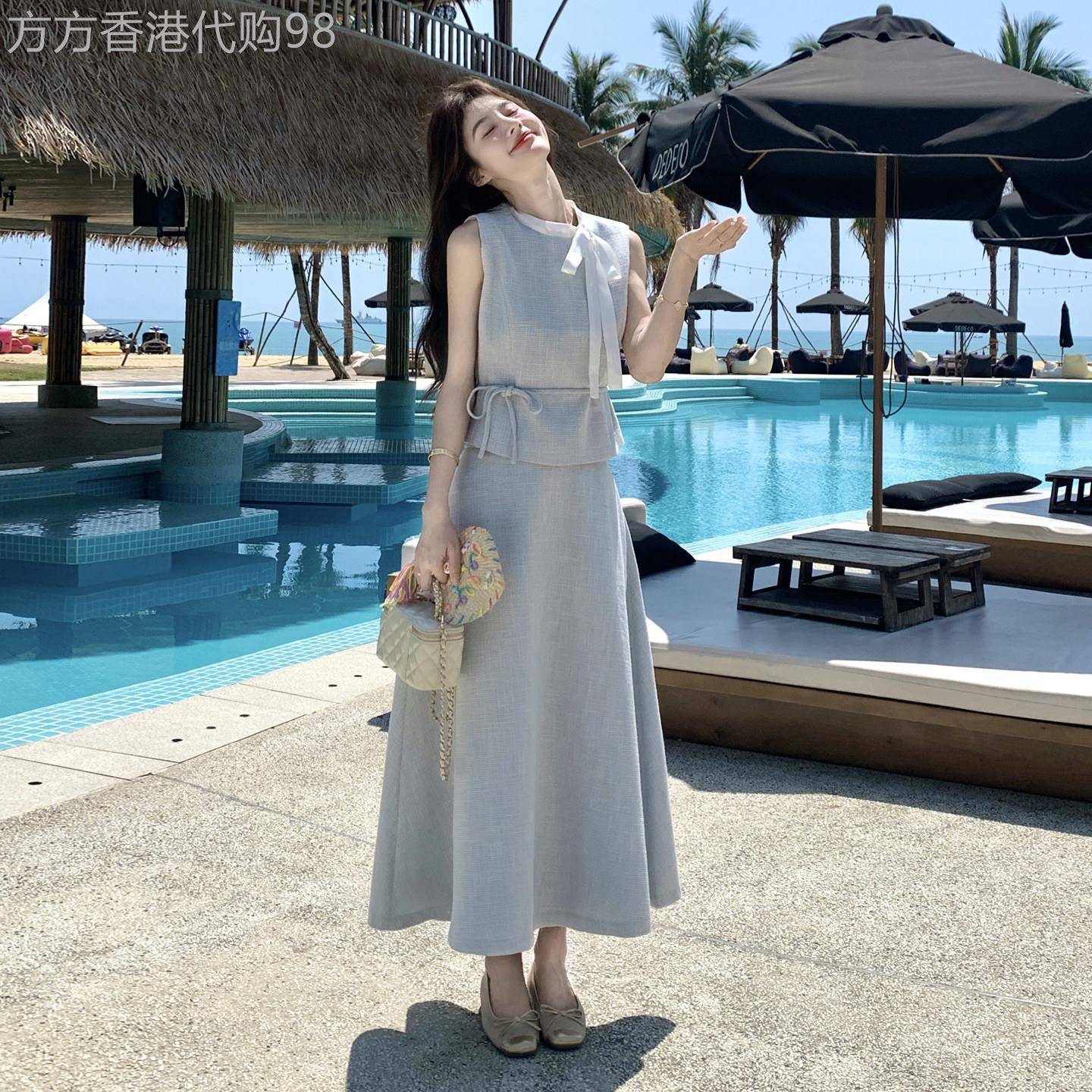 浅蓝色法式小香风套装裙女夏2026气质蝴蝶结系带马甲半身裙两件套