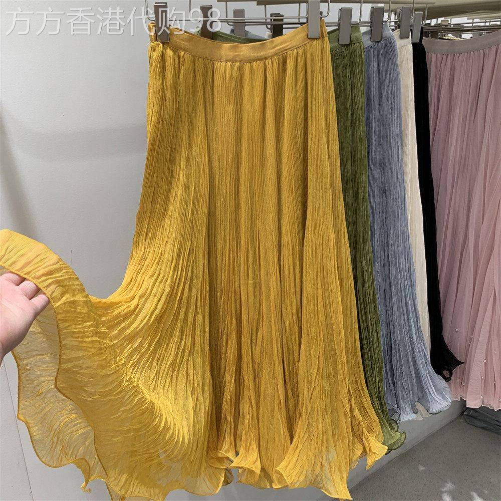 黄色半身裙女2026夏季新款松紧腰高腰显瘦洋气减龄中长款百褶裙子