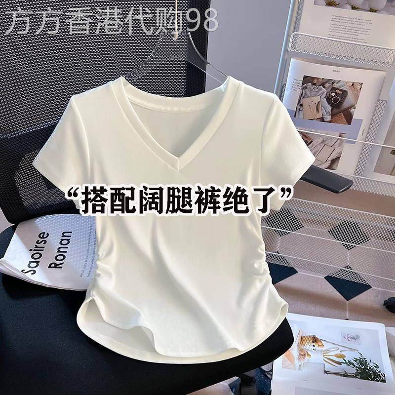 纯棉白色V领短袖t恤女夏装2026新款褶皱不规则弧形修身别致上衣潮