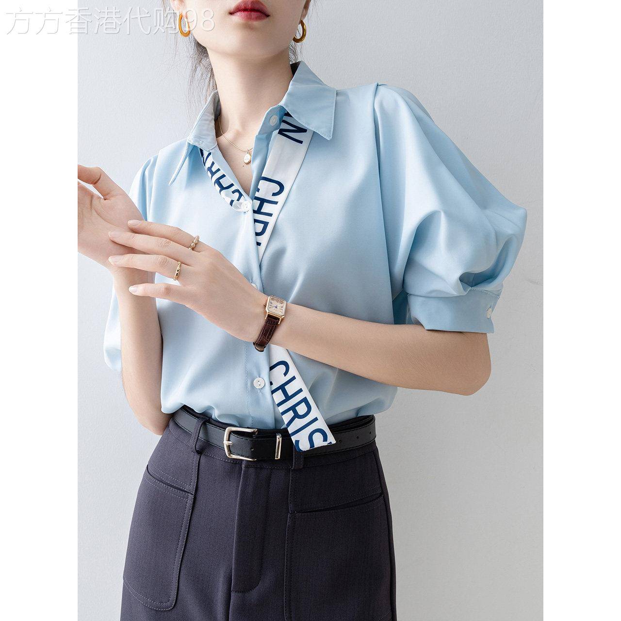 衬衫女款2026新款爆款夏季蓝色短袖衬衫今年流行漂亮小衫法式上衣