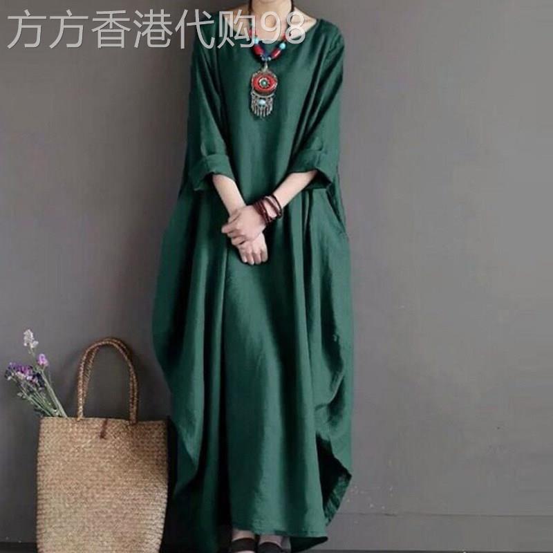 文艺纯色民族风棉麻洋装女2026春夏新款欧货加长裙宽松亚麻袍子