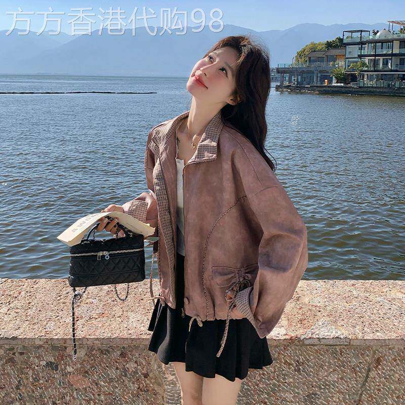 香港甜美风立领短款PU皮外套女宽松落肩袖抽绳夹克洋气减龄短外套