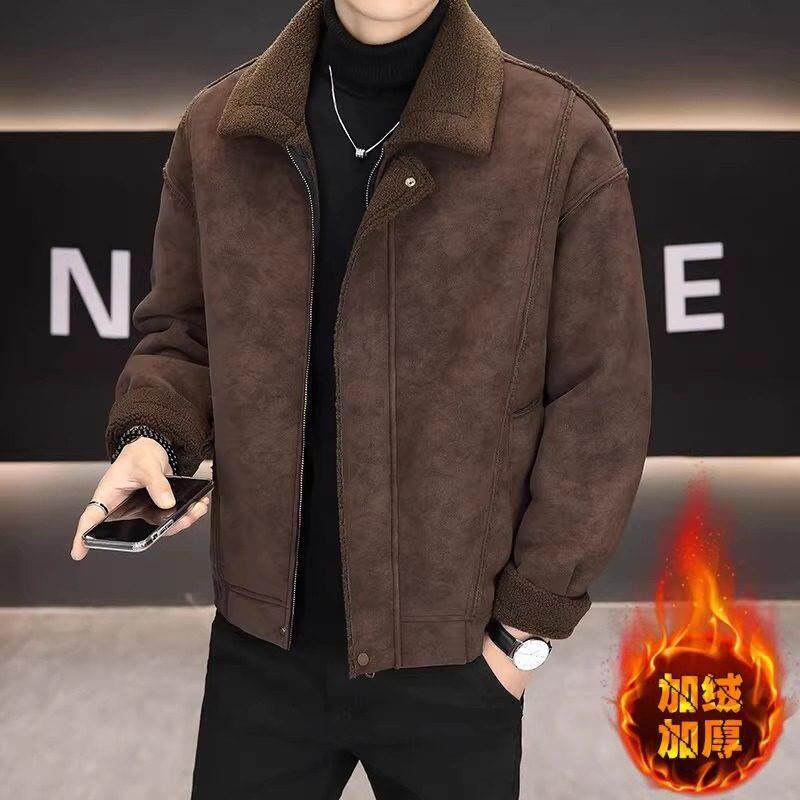 高端麂皮绒外套男加绒加厚冬季新款潮牌皮毛一体羊羔绒男士夹克帅