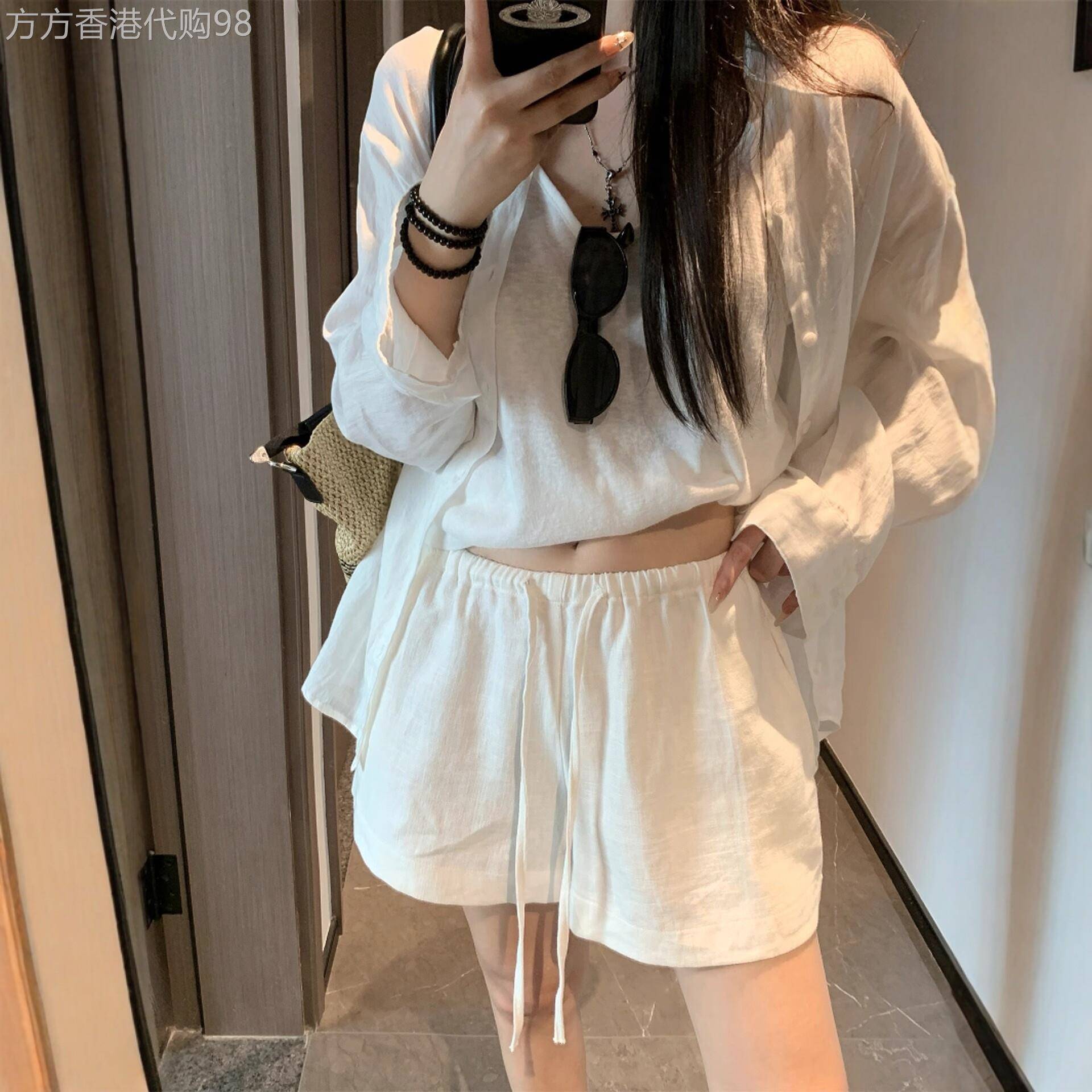 白色棉麻短裤女夏季薄2026新款松紧腰a字显瘦老钱风阔腿五分五分