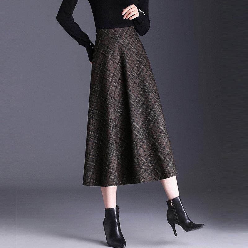 格子毛呢半身裙2025女秋冬新款高腰A字伞裙中长款遮胯显瘦大摆裙