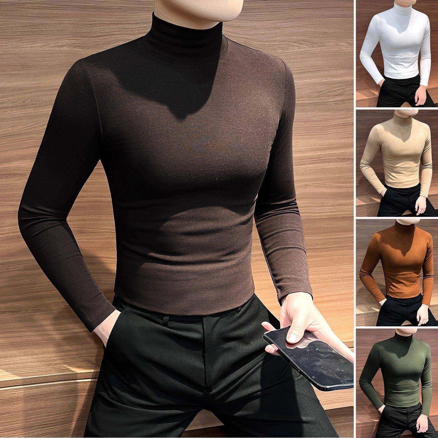 男士打底衫秋冬季半高领纯色紧身内搭上衣高级感保暖休闲长袖t恤
