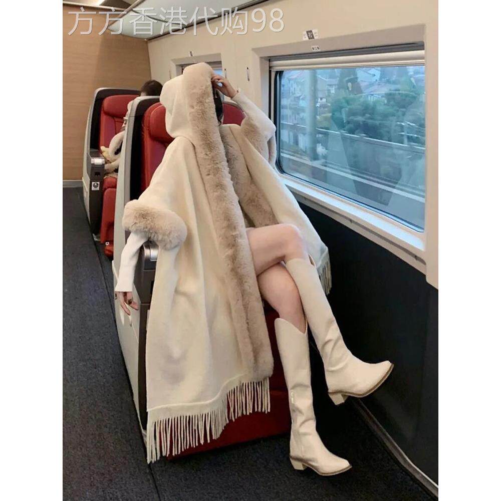 皮草毛毛贵妃披肩外套女春秋季新款大毛领披风斗篷外搭呢子大衣潮