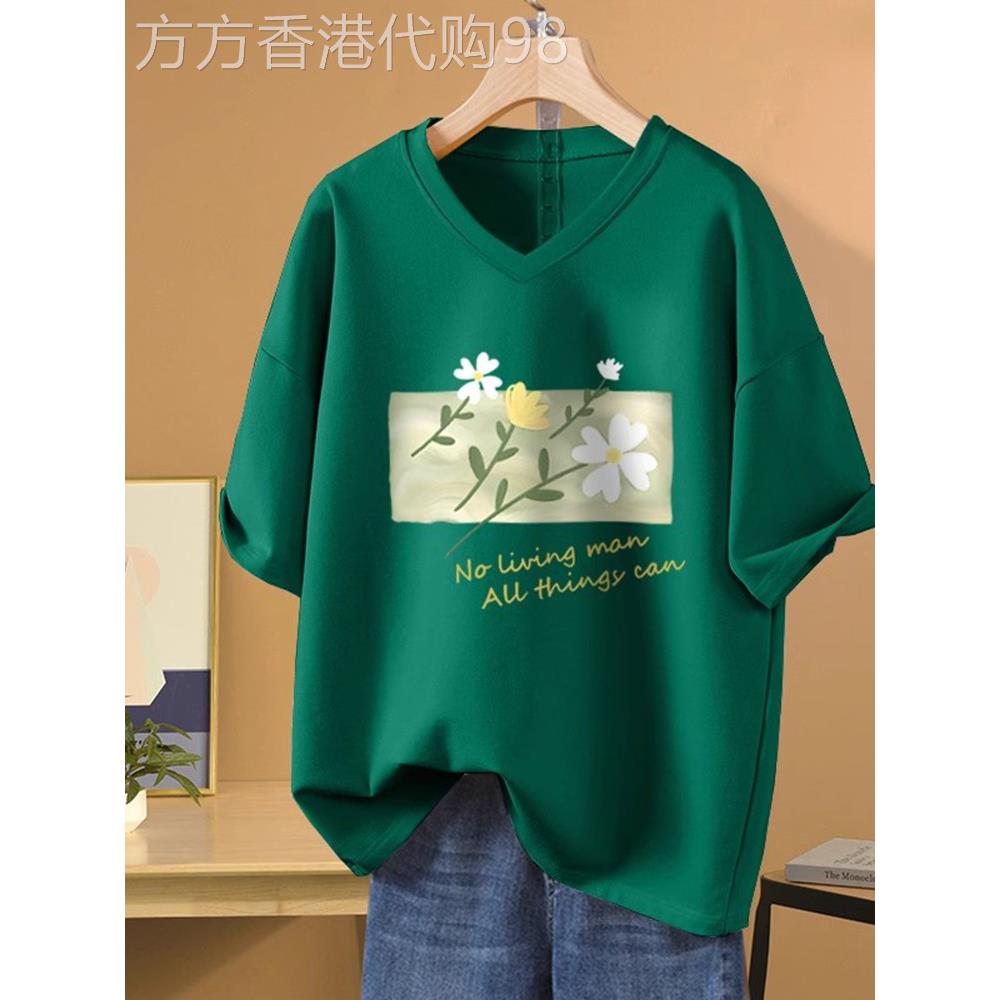 v领短袖t恤女2025夏季新款大码胖妹妹印花棉质体恤墨绿色半袖上衣