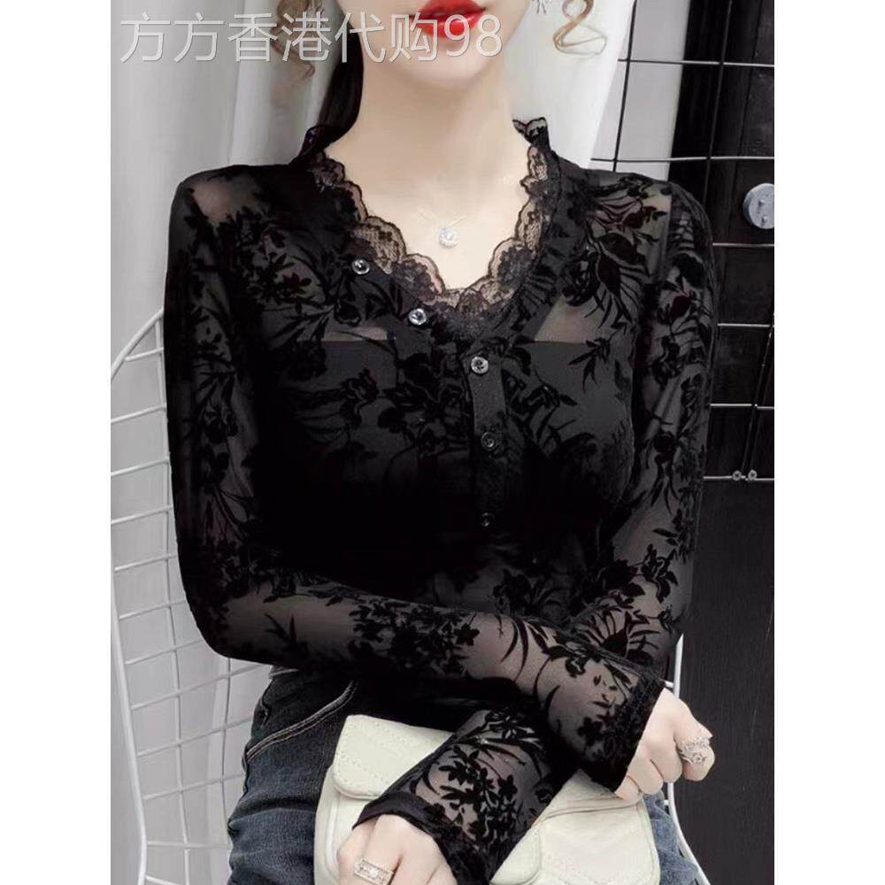 洋气性感网纱修身黑色V领打底衫女春季欧货蕾丝长袖衬衫内搭上衣