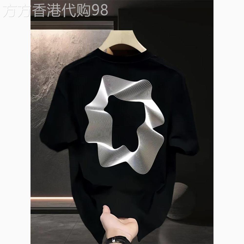 欧洲站~设计感拉满!夏季新款几何图形印花短袖男宽松纯棉圆领