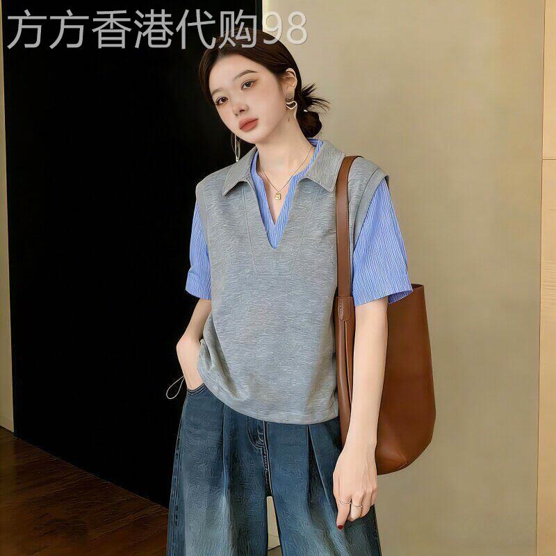 灰色V领假两件短袖衬衫女夏季2026新款时尚大码显瘦通勤衬衣上衣