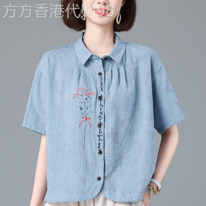 2026夏季新款中年妈妈大尺码宽松纯棉短袖衬衫女遮肚显瘦透气薄上