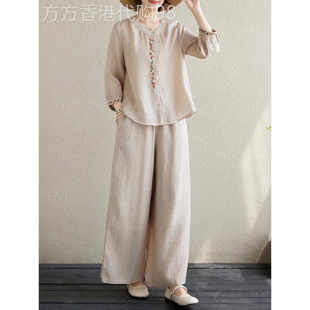 潮牌高端棉麻套装女夏国风苎麻妈妈宽松衬衫高腰阔腿裤亚麻两件套