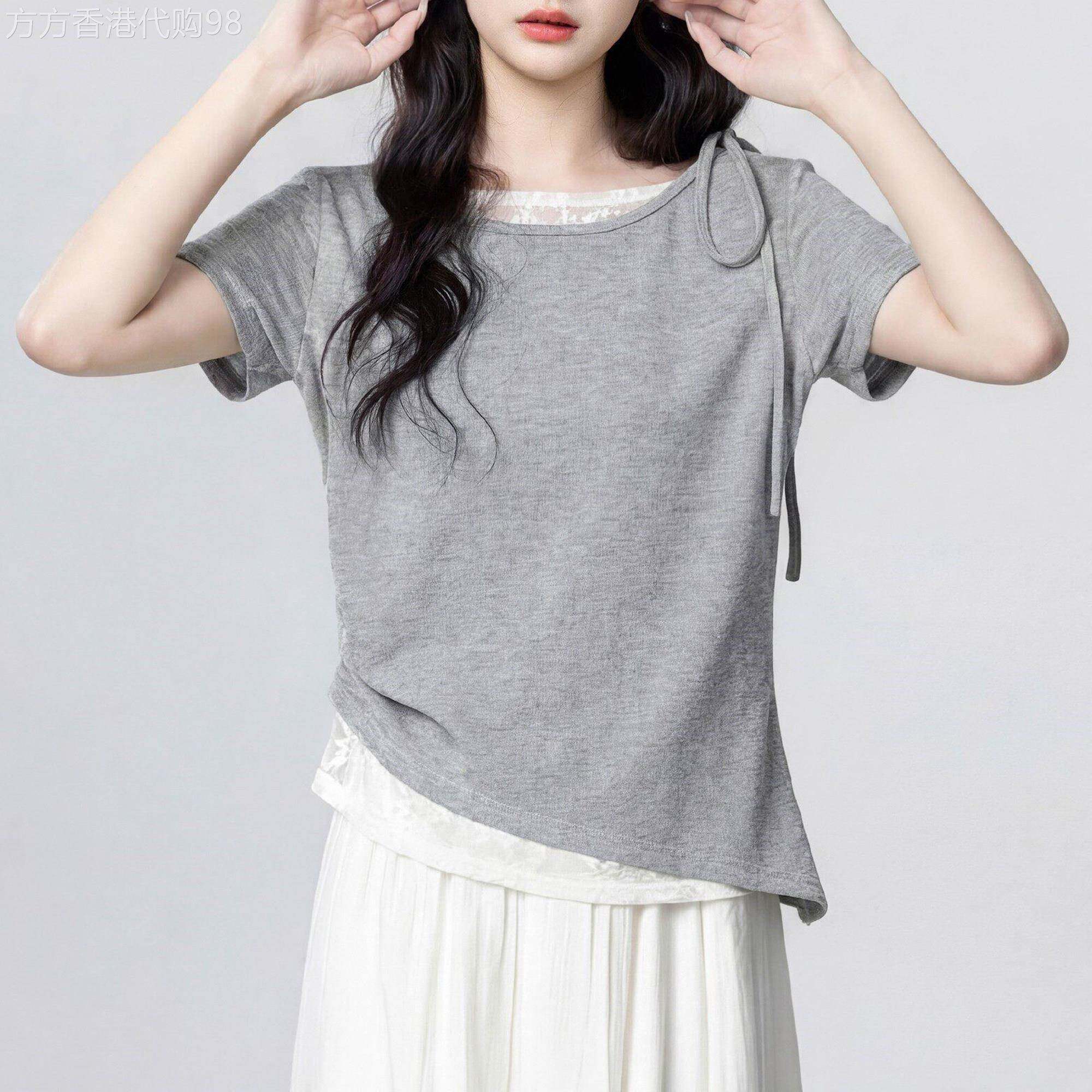 灰色假两件短袖T恤女2026夏新款高端时尚不规则蕾丝拼接短款上衣