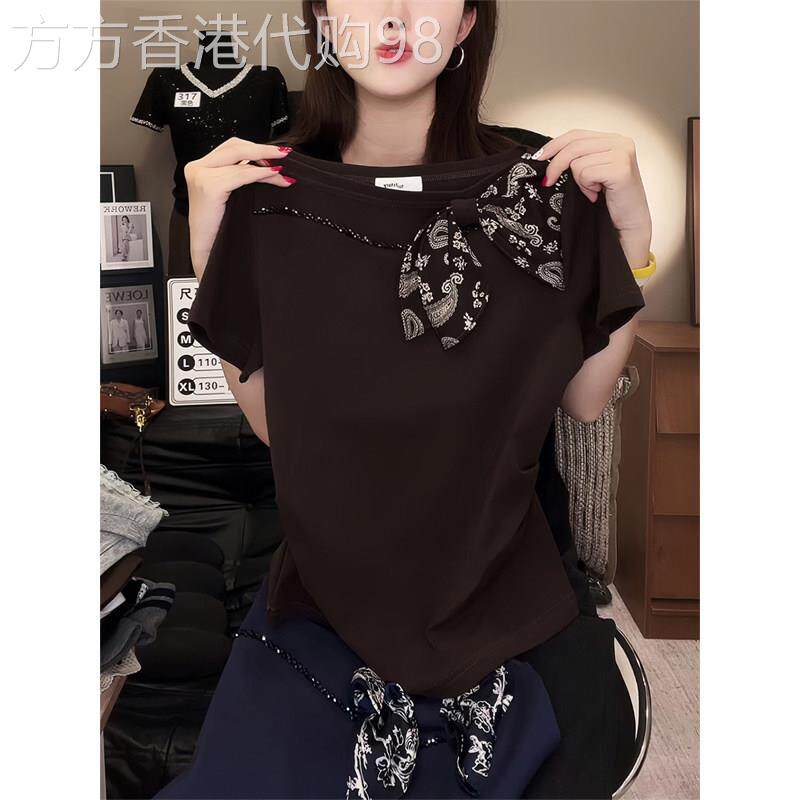 高级感法式斜领短袖T恤女夏季新款丝巾设计大码遮肉显瘦绝美上衣