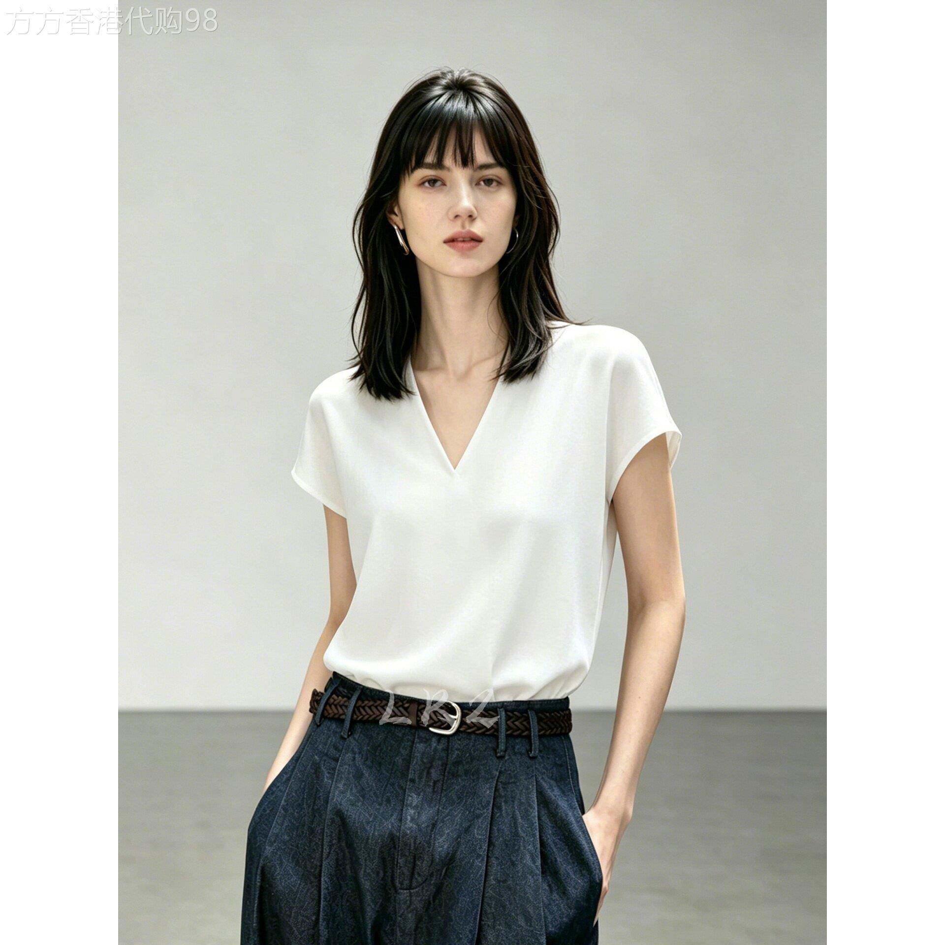 法式高级感V领短袖T恤女白色简约套头夏新款时尚舒适气质显瘦上衣
