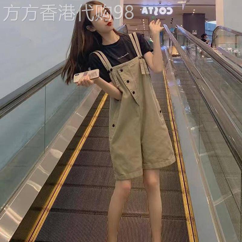 卡其色背带短裤子女小个子夏季薄款宽松显瘦时尚减龄牛仔五分裤潮