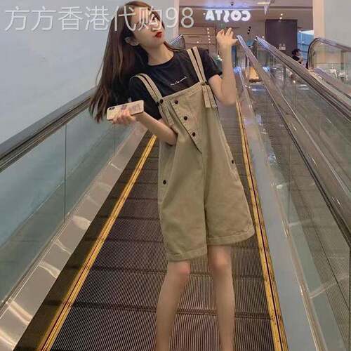 卡其色背带短裤子女小个子夏季薄款宽松显瘦时尚减龄牛仔五分裤潮